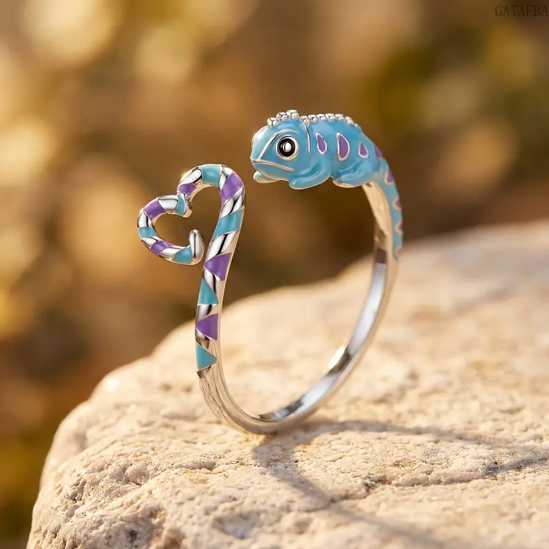 Creative Adjustable Animal Ring Lovely Chameleon Heart Tail Color Enamel Finger Ring