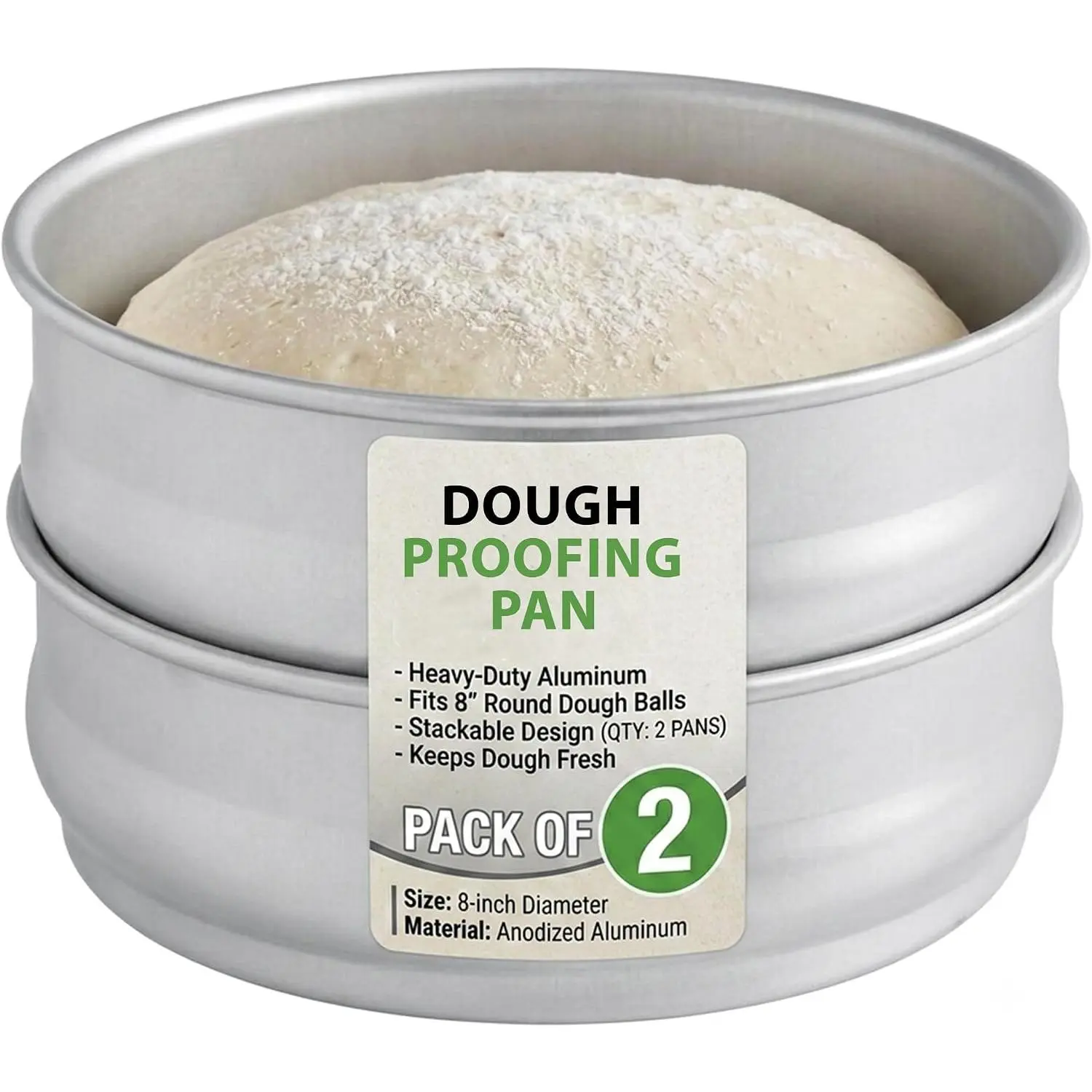 8 Inch Heavy-Duty Aluminum Dough Proofing Pans, Pack of 2, Stackable Round Pizza Dough Storage Containers, Commercial Dough Rising and Fermentation Pans for Bakery, Pizzeria and Restaurant Use