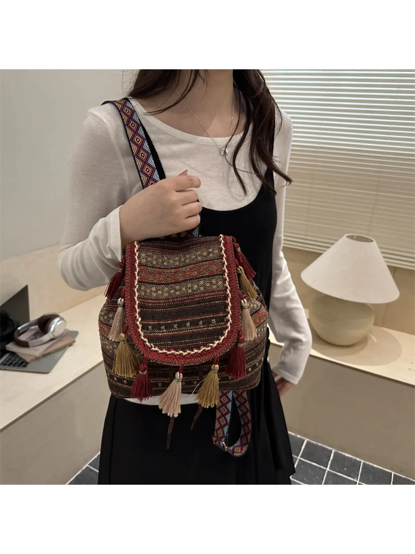 Ethnic Style 2026 New Women's Casual Backpack Fashion Fringe Diamond Print Large Capacity Travel Versatile Backpack