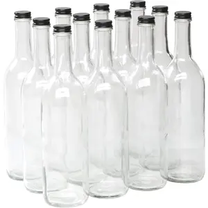 750ml Clear Glass Bordeaux Wine Bottle Flat-Bottomed Screw-Top Finish with Black Metal Lids - Case of 12