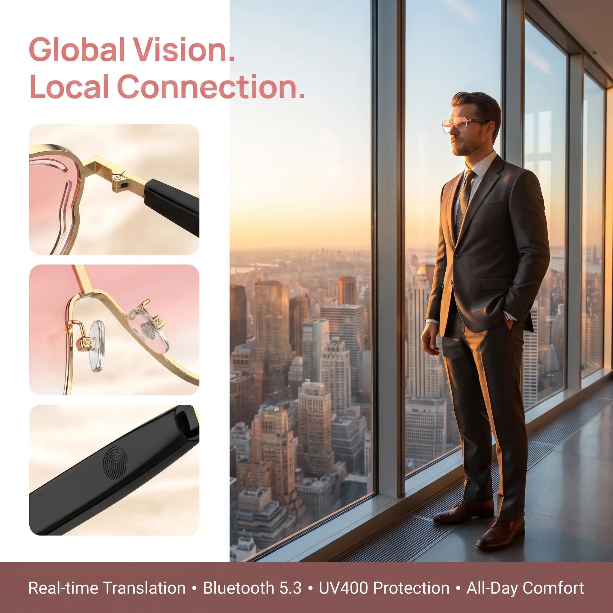 AI Smart Bluetooth Sunglasses, Real-Time 137 Languages Translation Smart Eyewear, Wireless Audio & Hands-Free Phone Call Glasses with Built-in Voice Assistant, UV Protection Sweatproof Wearable Device for Travel, Business Meetings & Outdoor Activities