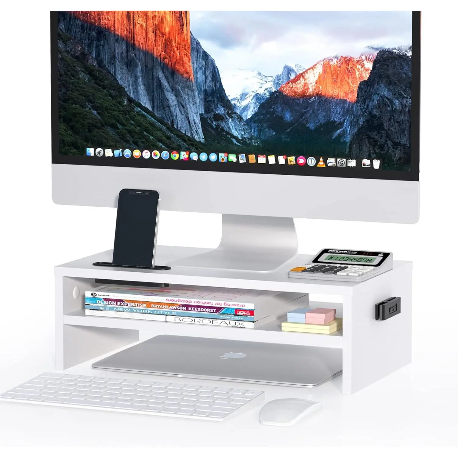 Wooden  Stand Riser for Desk, 2-Tier   Stand | 66 lbs Desk Shelf Organizer with Storage, Laptop & Printer Stand with Phone Holder and  Management, White, 16.5 Inch
