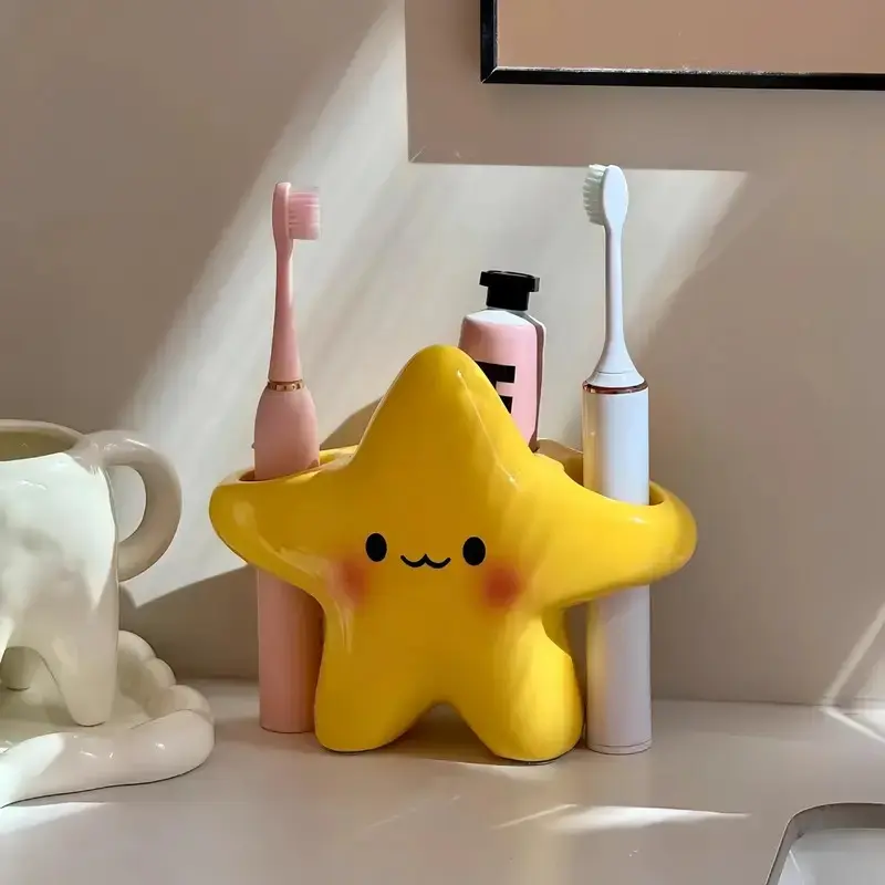 🪥 Cute Yellow Star Toothbrush Storage Holder with Smiling Face