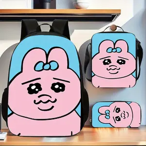 Opanchu pink piglet with bow, light blue background three-piece school bag set, includes a backpack, insulated lunch bag, and pencil case, suitable for teenagers' daily school use