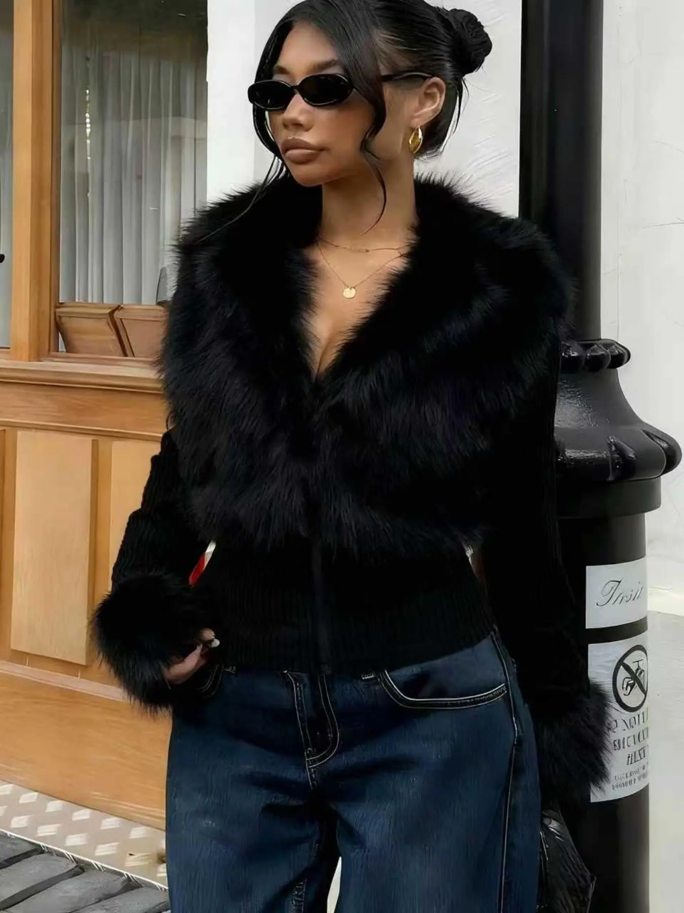 2026 New Fall/winter Women's Imitation Leather Fur Patched Puffy Coat, Streetwear, Plaid Punk Style, Y2K Fashion