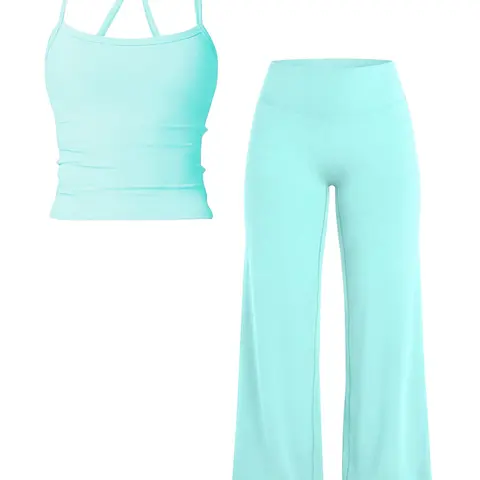 Women's Solid Color Sports Fitness Tank Top and Long Pants Set, Casual Sportswear Set, Comfortable Summer Yoga & Casual Athletic Wear, Workout Sets
