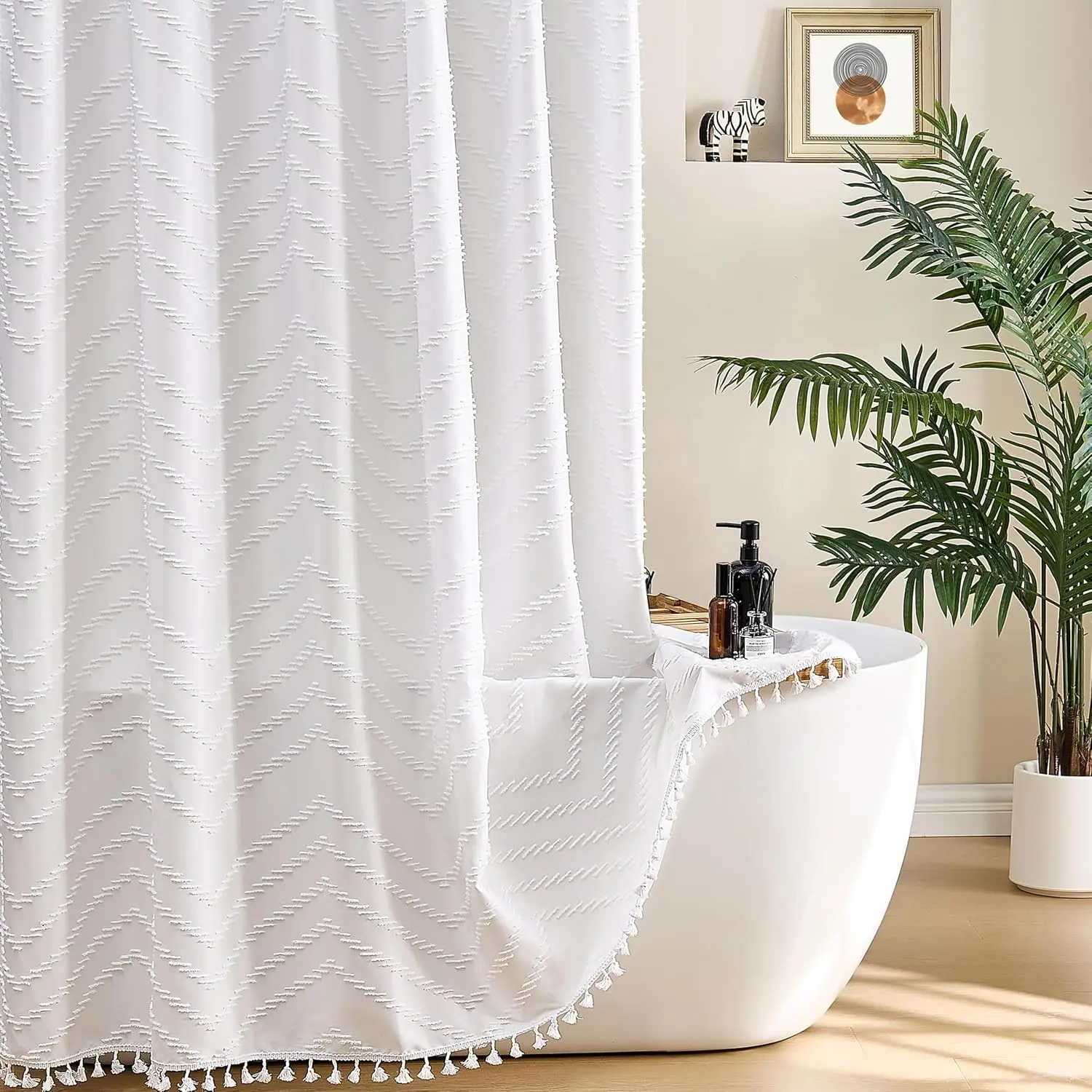 White Shower Curtain Fabric Boho Shower Curtain Cloth Textured Tufted Chevron Elegant Shower Curtains Waterproof for Bathroom 72" x 72"