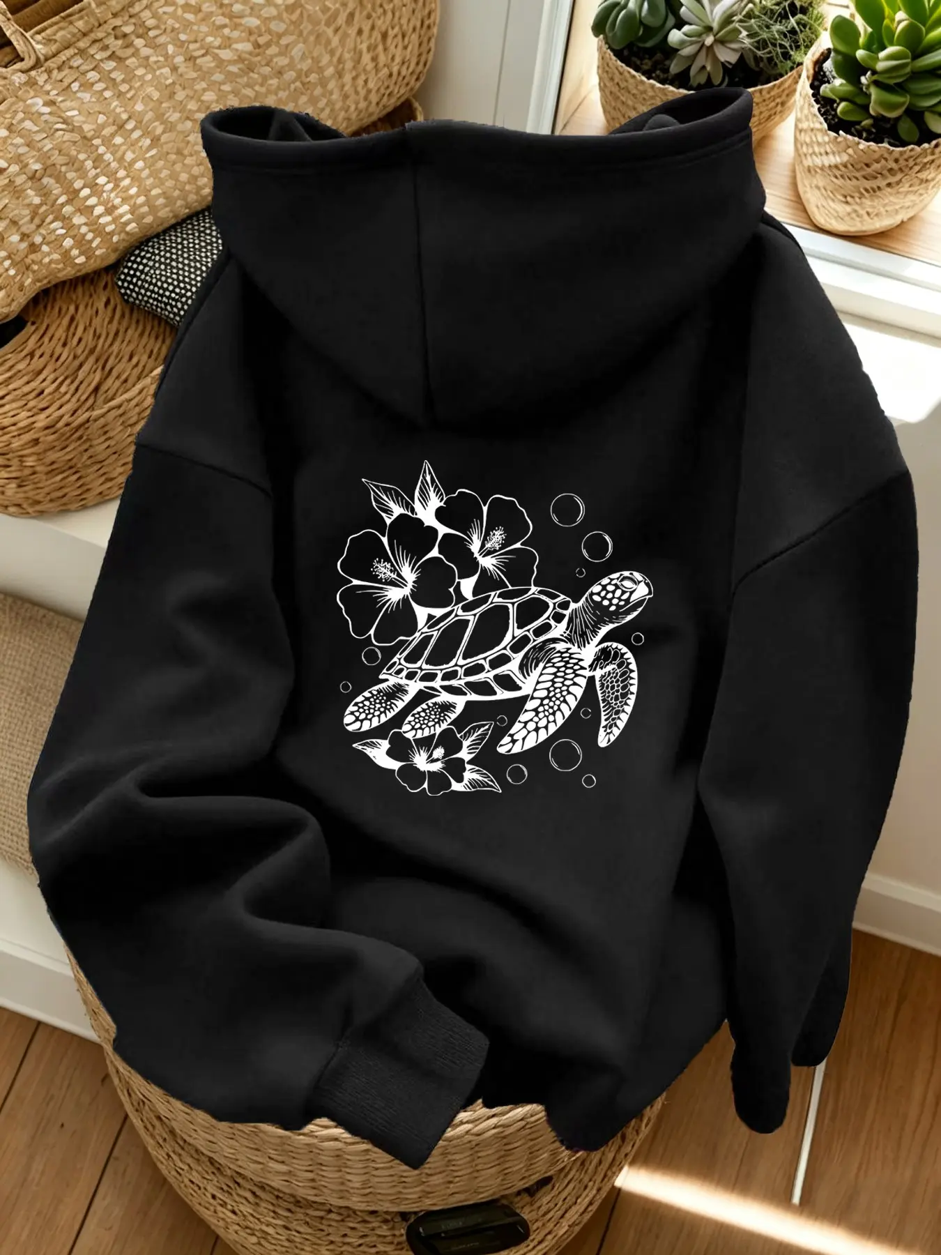 Women's Turtle Hibiscus Line Pattern Hoodie, Casual Long Sleeve Sweatshirt, Adjustable Drawstring, Kangaroo Pocket, Fall Winter Commute