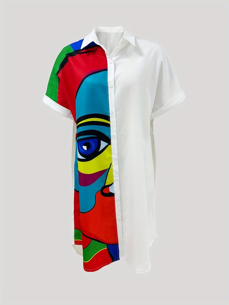 Women's Cartoon Face Print Curved Hem Shirt Dress, Casual Batwing Sleeve Knee Length Dress for Summer, Ladies Clothes for Holiday Vacation