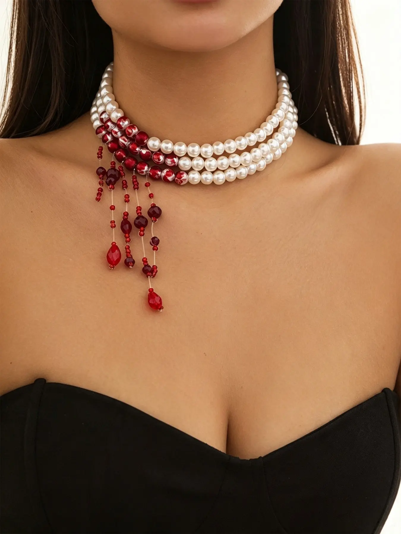 Vintage Gothic Multi-strand Faux Pearl Choker Necklace, Blood Red Crystal Tassel Drop Beaded Necklaces, Dark Aesthetic Halloween Party Statement Jewelry Gift for Women