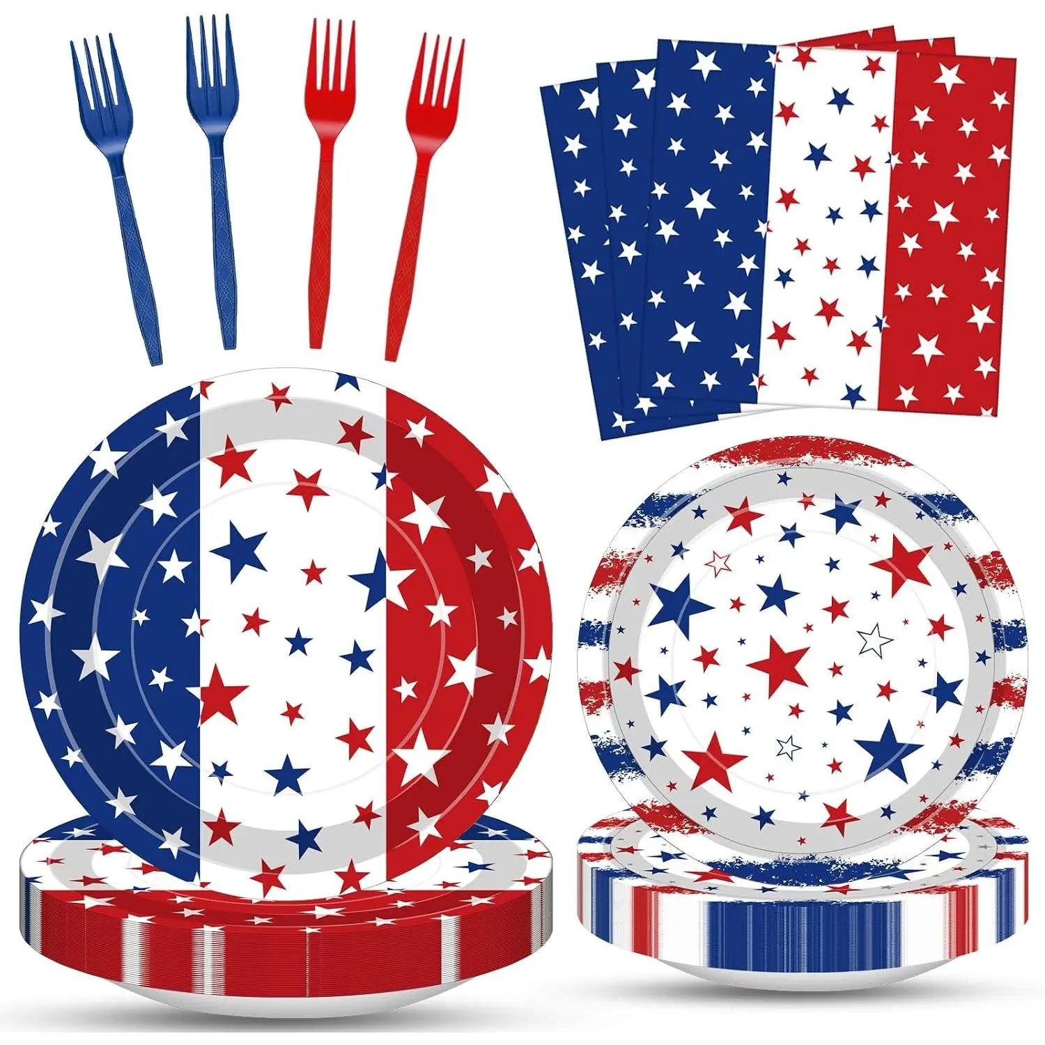 100 Pcs Patriotic Party Supplies Set, Serves 25 – Disposable Red White Blue Star Paper Plates, Napkins, and Forks, American Flag Themed Tableware for 4th of July, Memorial Day, Labor Day DecorationsGift
