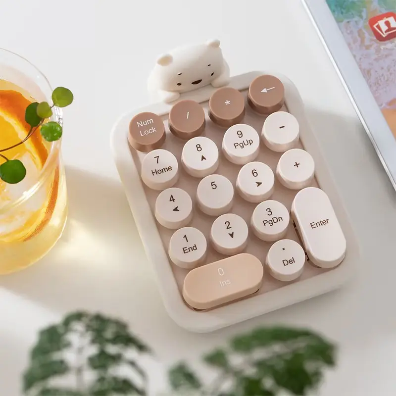 MOFii 520 Wireless Numeric Keypad, Cute Bear Cartoon Round Keys, Mini External Number Pad for Laptop Finance Accounting Office Work