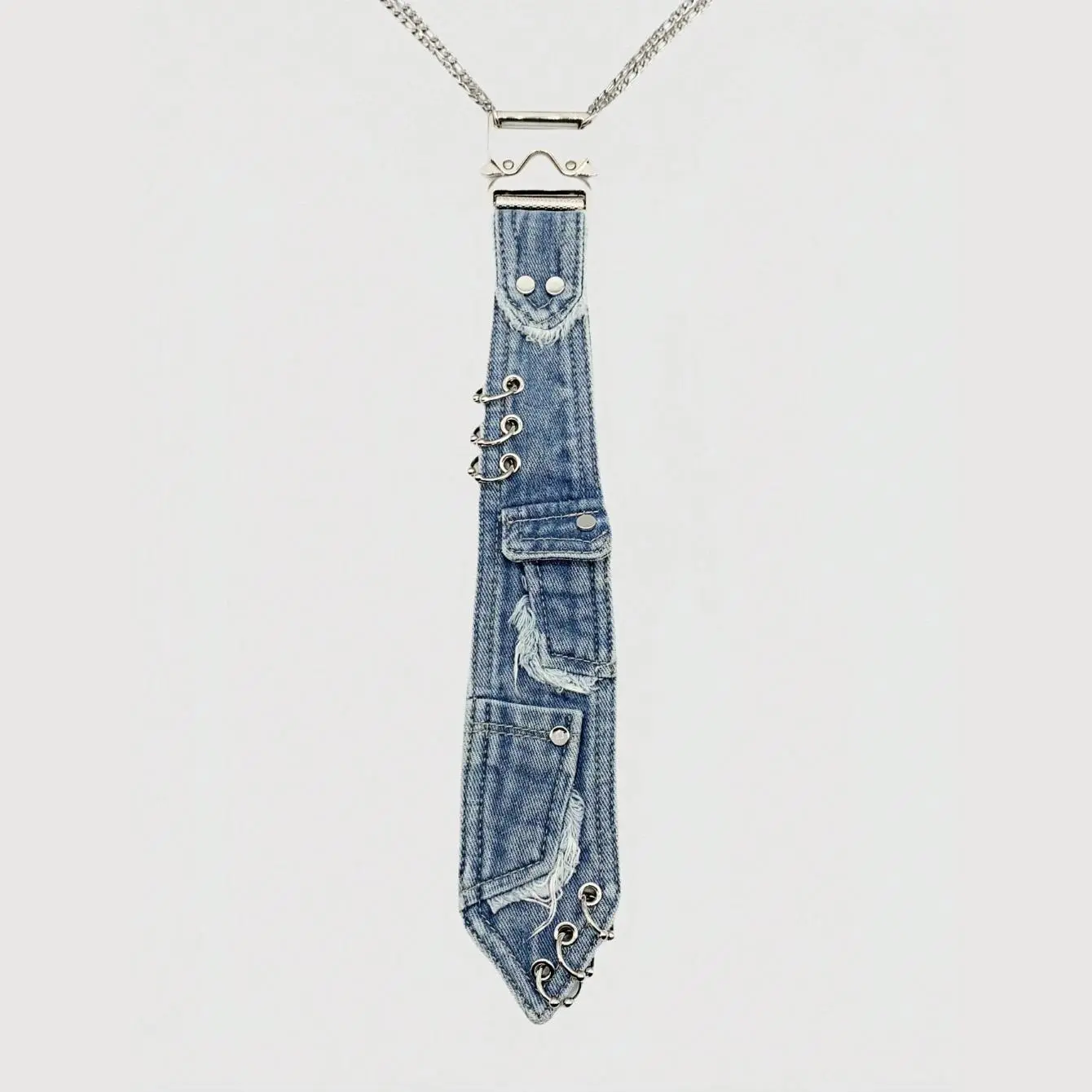 2026 edgy punk Y2K style necklace with distressed frayed denim tie pendant, decorated with metal eyelet rings, silver adjustable chain, unique street fashion accessory for goth & e-girl daily matching,gifts for women