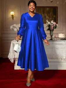 Plus Size Elegant A-Line Midi Dress, Long Sleeve Slim Fit, Natural Waist, Perfect for Church Wedding Party Formal Occasions