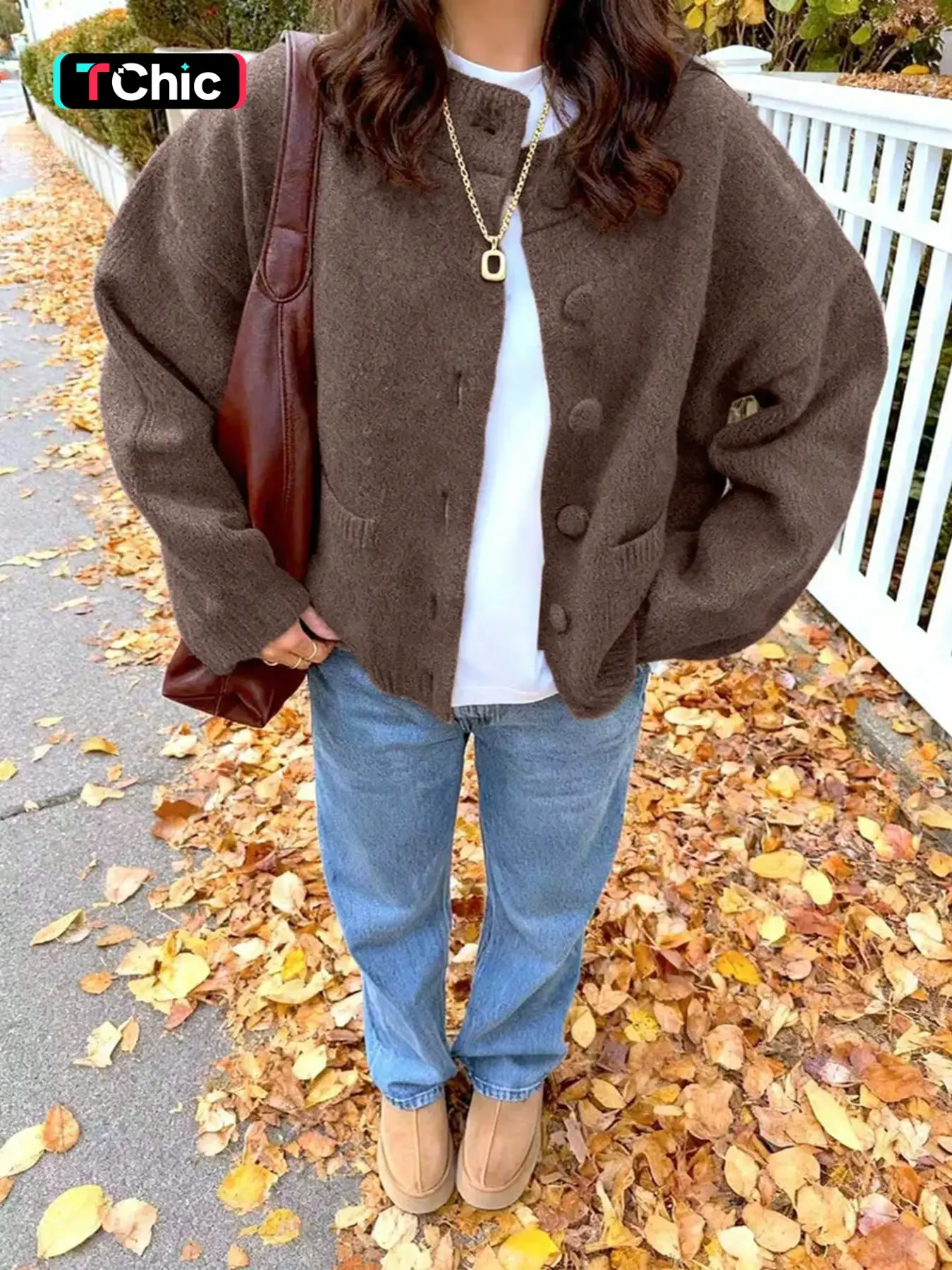 Women’s Old Money Style Minimalist Chocolate Brown Loose Knit Cardigan for Autumn Crew neck, long sleeves and front single-breasted buttons, cropped knit outerwear. Solid color with no patterns, crafted from soft and fluffy knit fabric. Features dropped s
