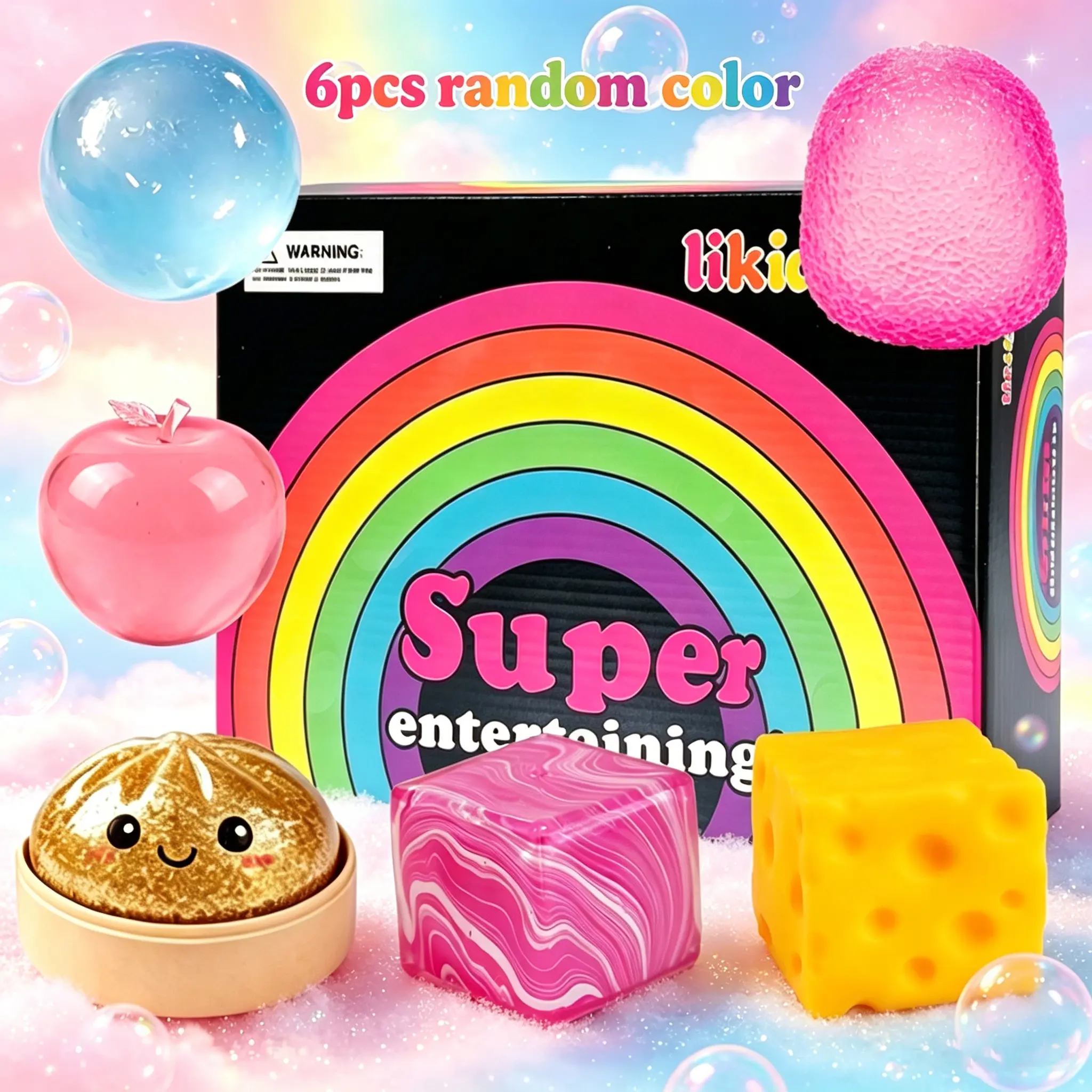 6pcs Soft Toy Set, Glitter Dumplings, Soft Ice Cubes, Soft Ice Cream, Coconut Oil Stress Relief Balls, Anxiety Relief Party Favors, Birthday Gifts （ Random Color）