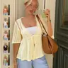 Women's Summer New Loose Casual Basic Knitwear Cardigan, Fashion Knit Clothing, Hollow-Out Bow Tie-Front Low Neck Short-Sleeve Crochet Mesh Sun Protection Top
