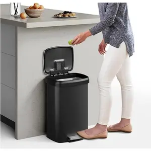 13 Gal / 50L Large Plastic Trash Can for Kitchen, Step-On with Soft Close Lid, Liner Rim, Rustproof Garbage Bin, Rear Handle, Matte Black