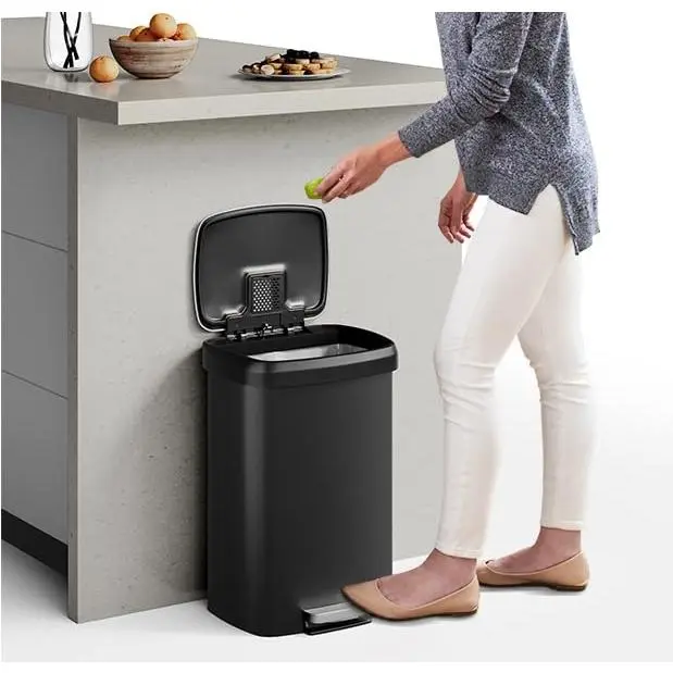 13 Gal / 50L Large Plastic Trash Can for Kitchen, Step-On with Soft Close Lid, Liner Rim, Rustproof Garbage Bin, Rear Handle, Matte Black