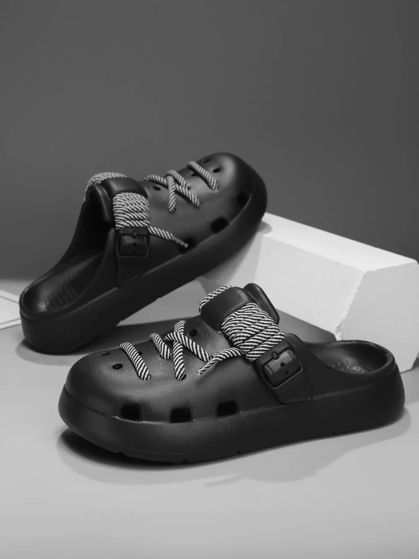 Unisex Coffee Lace Up EVA Clogs Adjustable Striped Rope Heel Strap Hollow Slip On Sandals Non Slip Thick Sole Summer Beach Casual Walking Hole Shoes