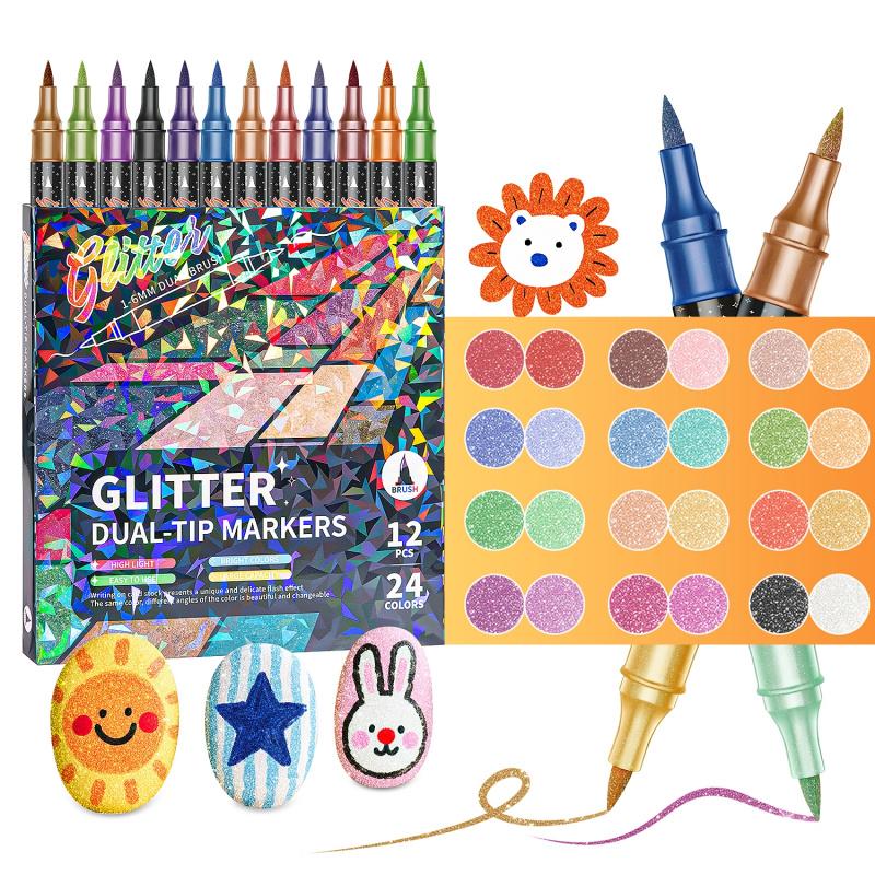 24/48/72/96 Colors Glitter Effect Brush Markers,Dual Tip Dual Color 1-5mm Soft Brush Shimmer Marker for Doodle Writing, Glitter Art Crafts Adults DIY Crafts Greeting Birthday Cards Making, Art Supplies