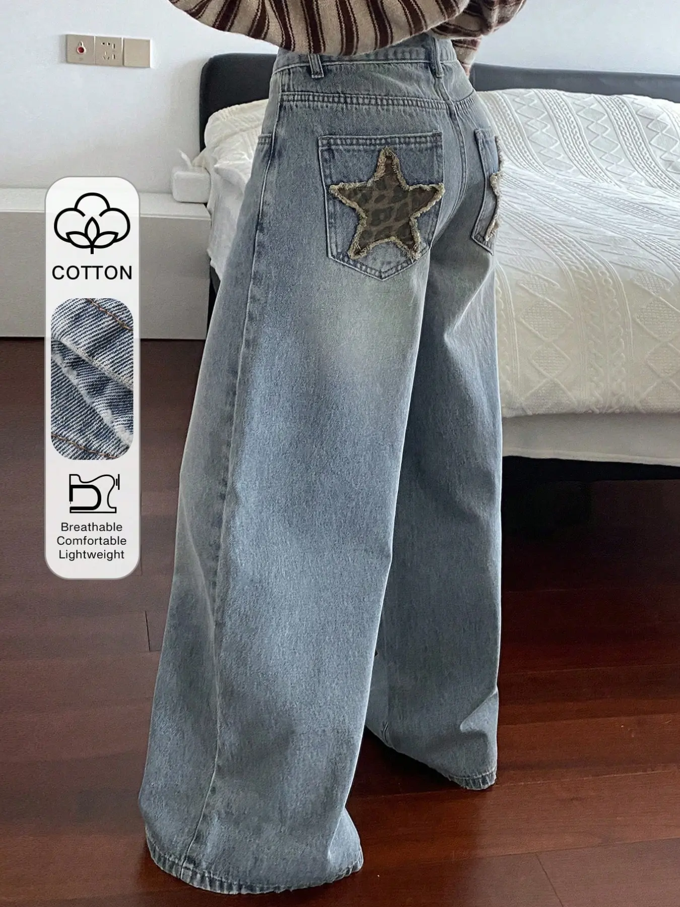Women's Vintage Leopard Print Star Patch Wide Leg Jeans, High Waist Loose Fit Ankle Length Pants, Casual Aesthetic All Season Wear