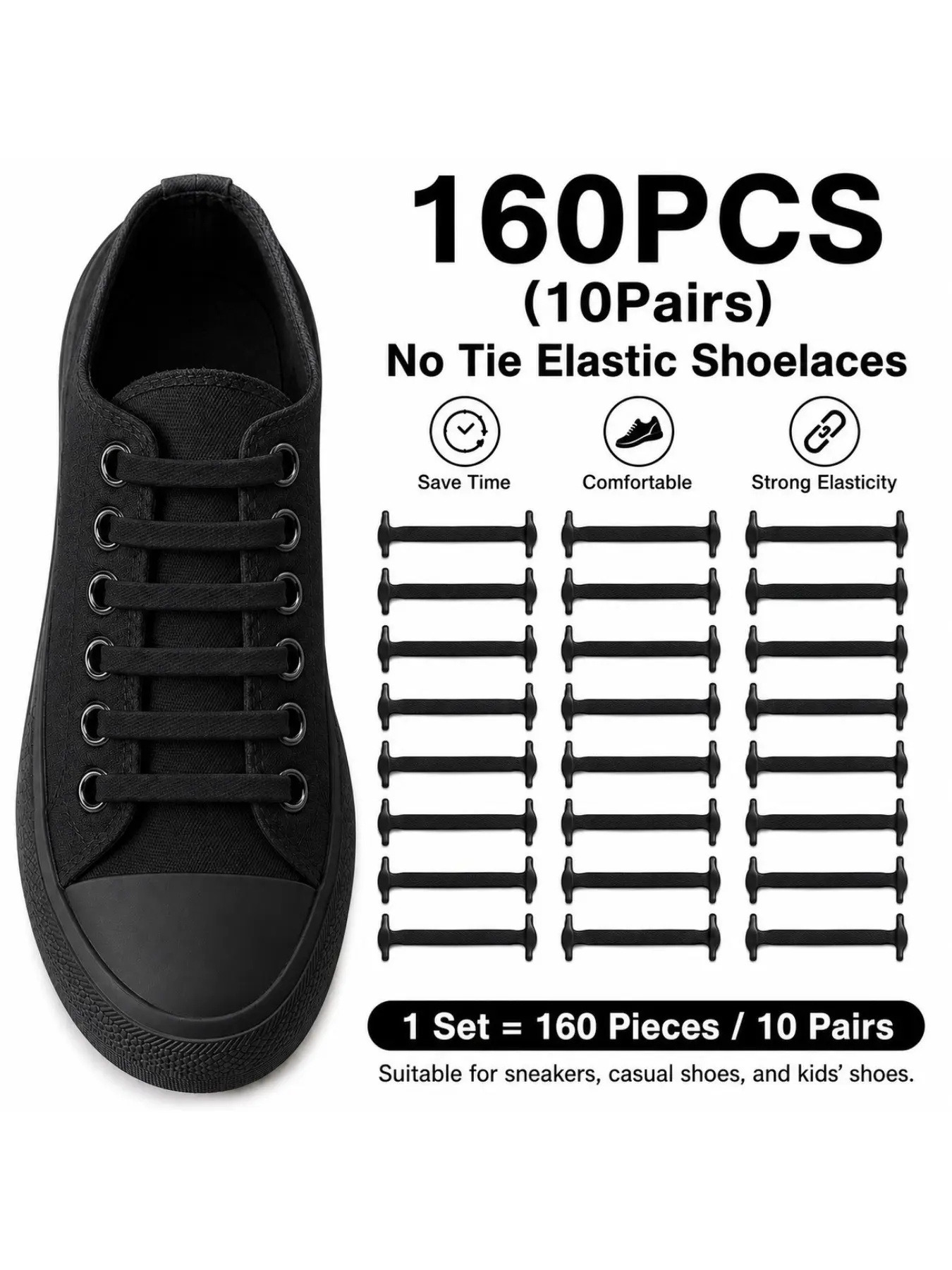 160 Elastic Shoelaces Set (10 Pairs), Stretchy Laces for Sports Shoes, Casual Shoes, Durable & Comfortable, Perfect Fit for All Shoe Types