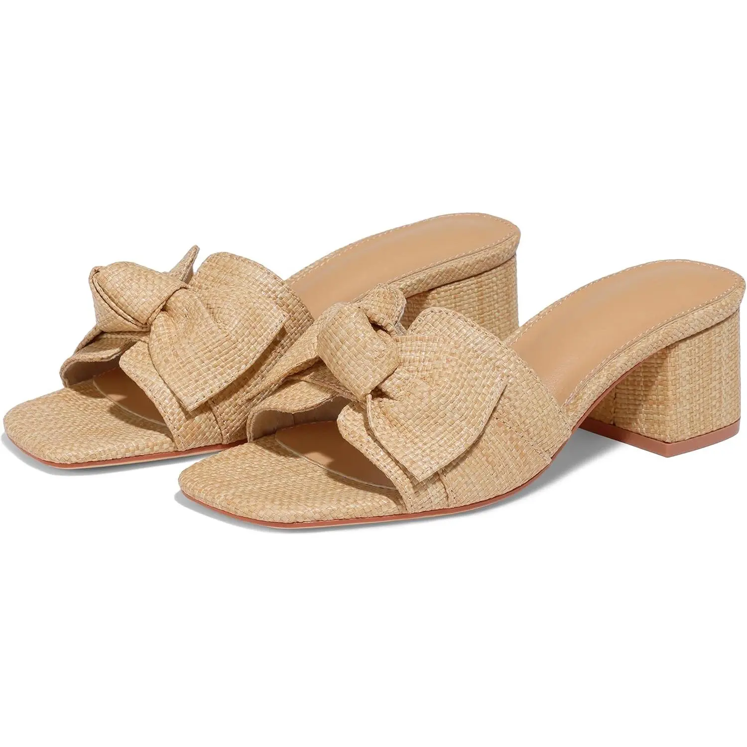 Womens Raffia Heeled Sandals 2026 Chunky Heels Square Toe Mules Slip On Dressy Open Toe Summer Low Platform Sandal