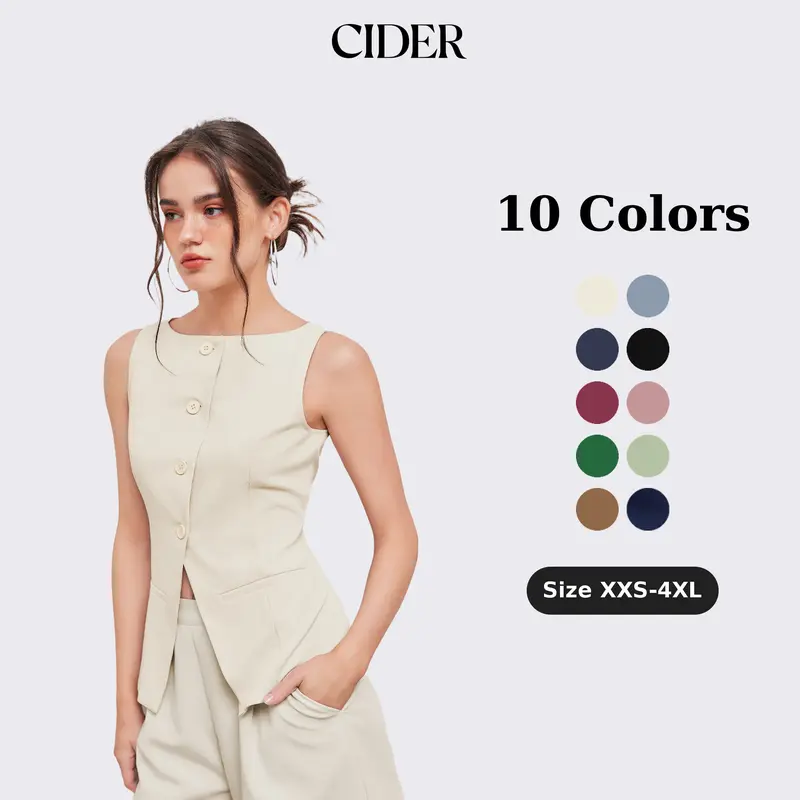 Cider Minimalist Daily Woven Button Vest for Office Work, Elegant Casual Blouse, Ladies V-Neck Top, Sleeveless Shirts, Lady Crop Tops