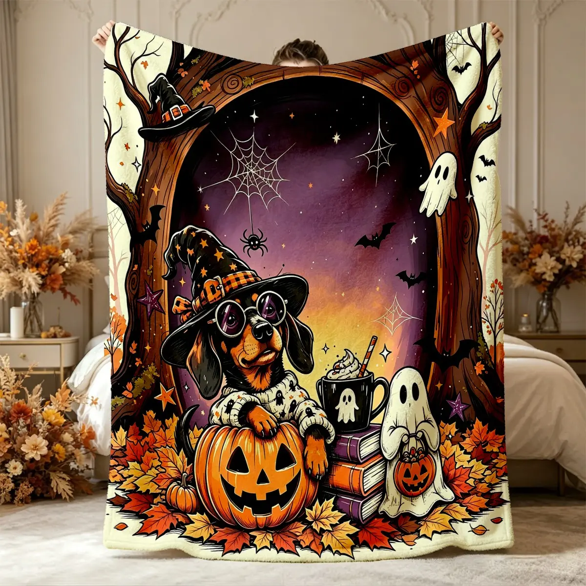 Dachshund Halloween Pumpkin Ghost Flannel Blanket, Soft Lightweight, All Seasons, Machine Washable, For Sofa Bed Travel Camping Home Decor, Ideal Gift for Halloween Thanksgiving for Family Friends