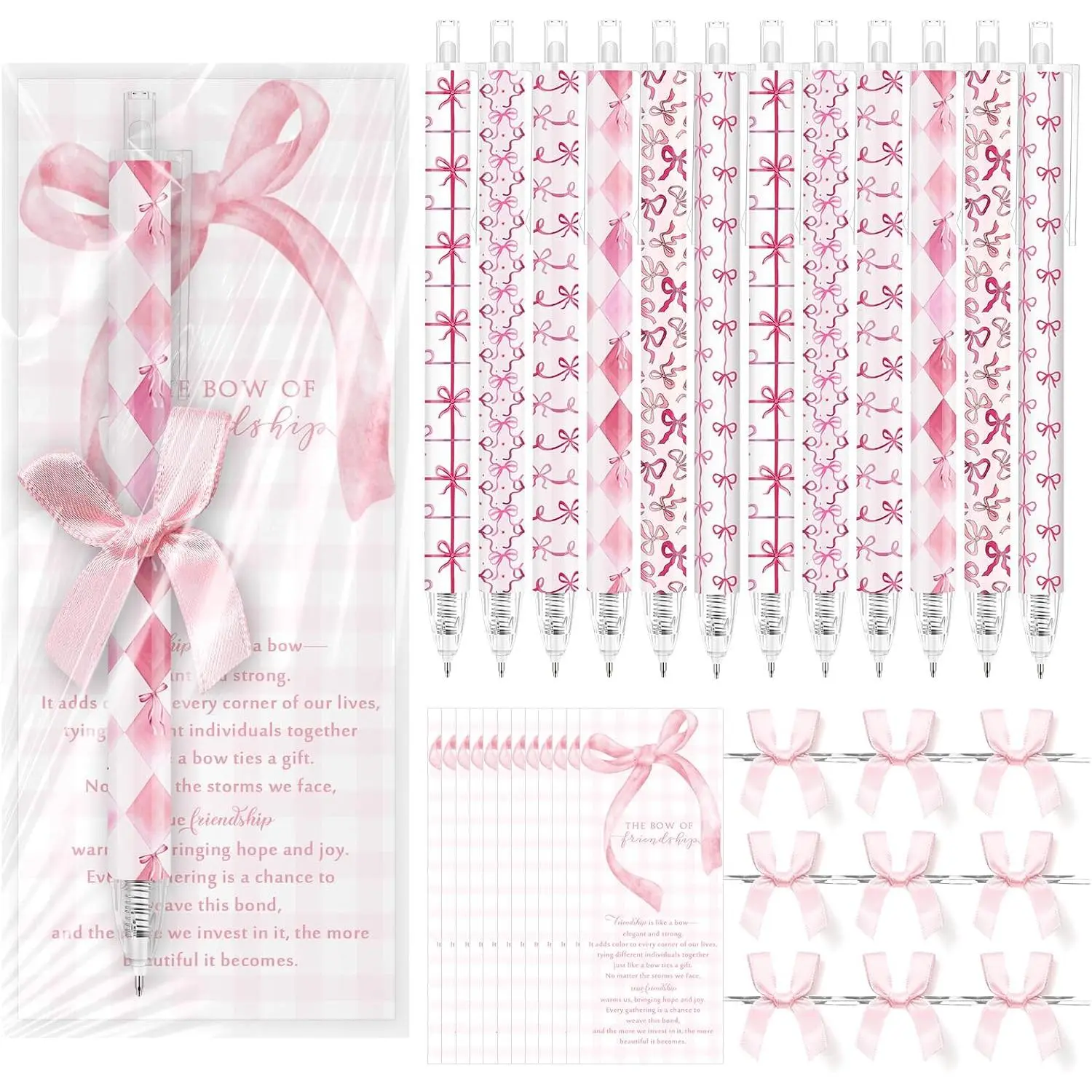 60 Set Preppy   Bow Ballpoint Pen Friendship Bookmark Card 6 Styles Bow Printed Kawaii Supplies Sisterhood  for Women BFF
