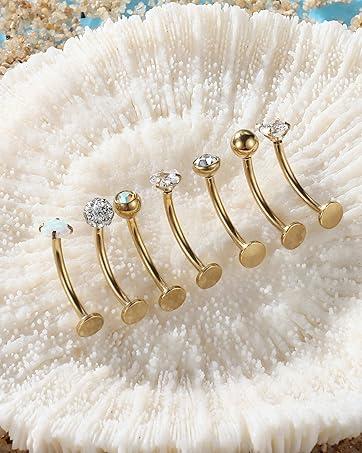YADOCA 7PCS Floating Belly Button Ring for Women Hypoallergenic Surgical Stainless Steel Belly Rings Internally Threaded CZ Opal Long Bar Navel Barbell Flat Back Belly Piercing 12/14MM Silver Gold