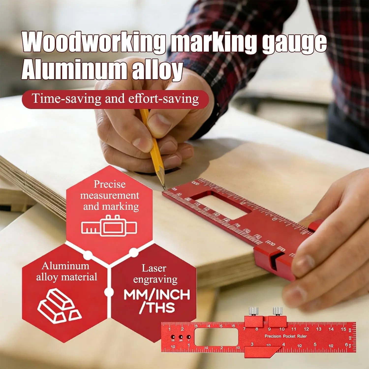3-Piece Precision Woodworking Pocket Ruler Set, Metal Sliding Stop Block, 6/8/12 Inches, Dual Scale, Saw Blade Height Measurement Tool, Measuring Marking Tool, Measuring Instrument