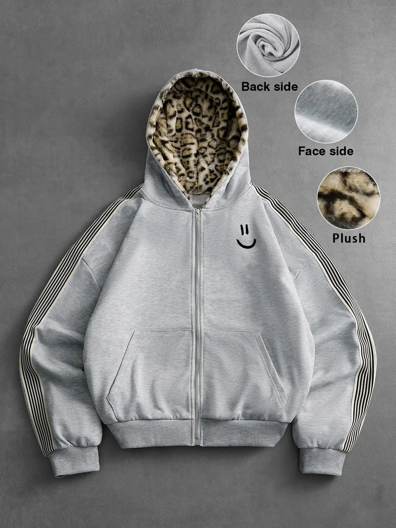 Unisex Leopard Print Inner Hoodie, Side Stripe Zipper Open Front, Loose Fit Relaxed Fit Fall Winter Casual Outerwear, Men's & Women's Clothing