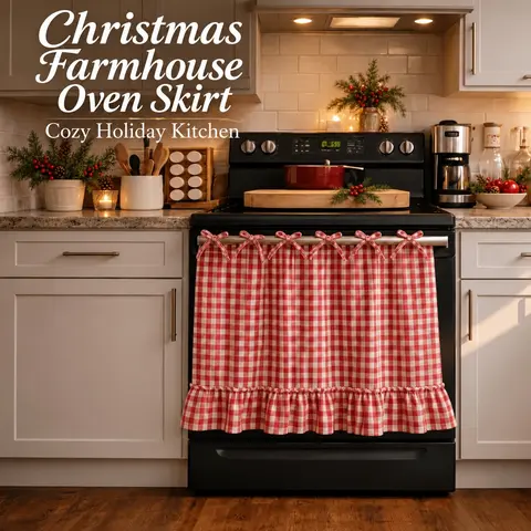 Christmas Farmhouse Oven Skirt Curtain, Plaid Ruffle Edge Tie-Up Kitchen Curtain, Rustic Decorative Cover for Oven, Dishwasher & Cabinet, Cozy Xmas Kitchen Home Decor