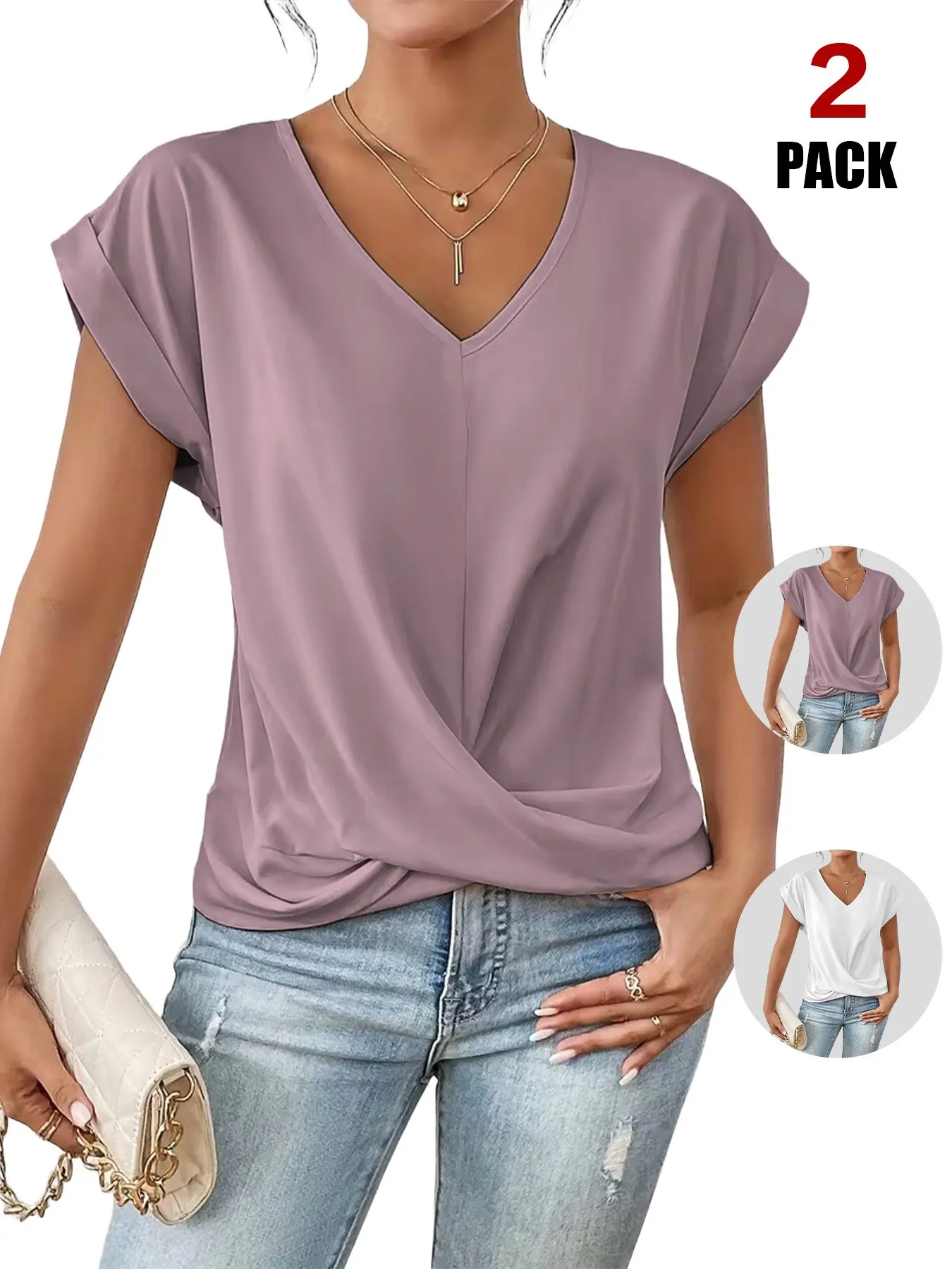 2026 Women's V Neck Twist Front Knit Blouse, Rolled Short Sleeve Loose Fit Tunic Top, Casual Everyday Solid Color Knotted Hem Shirt for Office & Daily All Season