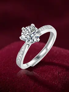 Classic Elegant 925 Silver Engagement Ring with 1 Carat Round Moissanite, Six Prong Wedding Jewelry Gift, Perfect Proposal Band