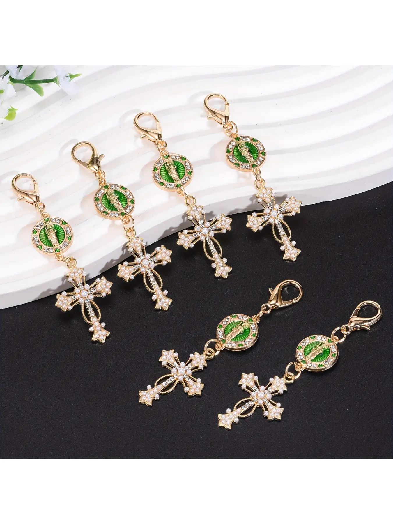 6Pcs Saint Jude Pearl Cross Pendant DIY Lobster Clasp Backpack Charm Keychain Jewelry Making Supplies Beads and Bead Sets
