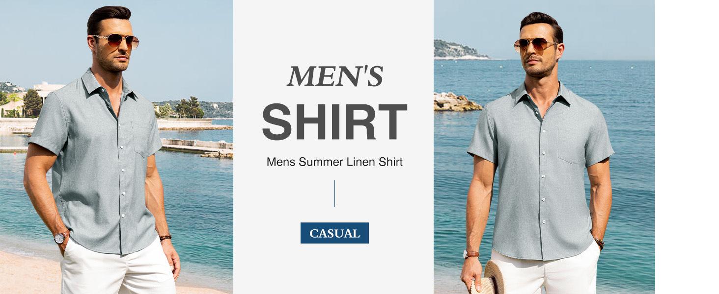 Alimens & Gentle Men's Linen Shirt Short Sleeve Button Down Shirt Wrinkle-Free Casual Vacation Beach Summer