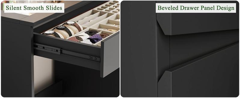 wanan 41" Vanity Desk with Glass Top, Black Vanity with Mirror and Lights, Power Outlet, Jewelry Storage, 3 Adjustable Lighting Modes, Makeup Vanity with 2 Drawers for Bedroom