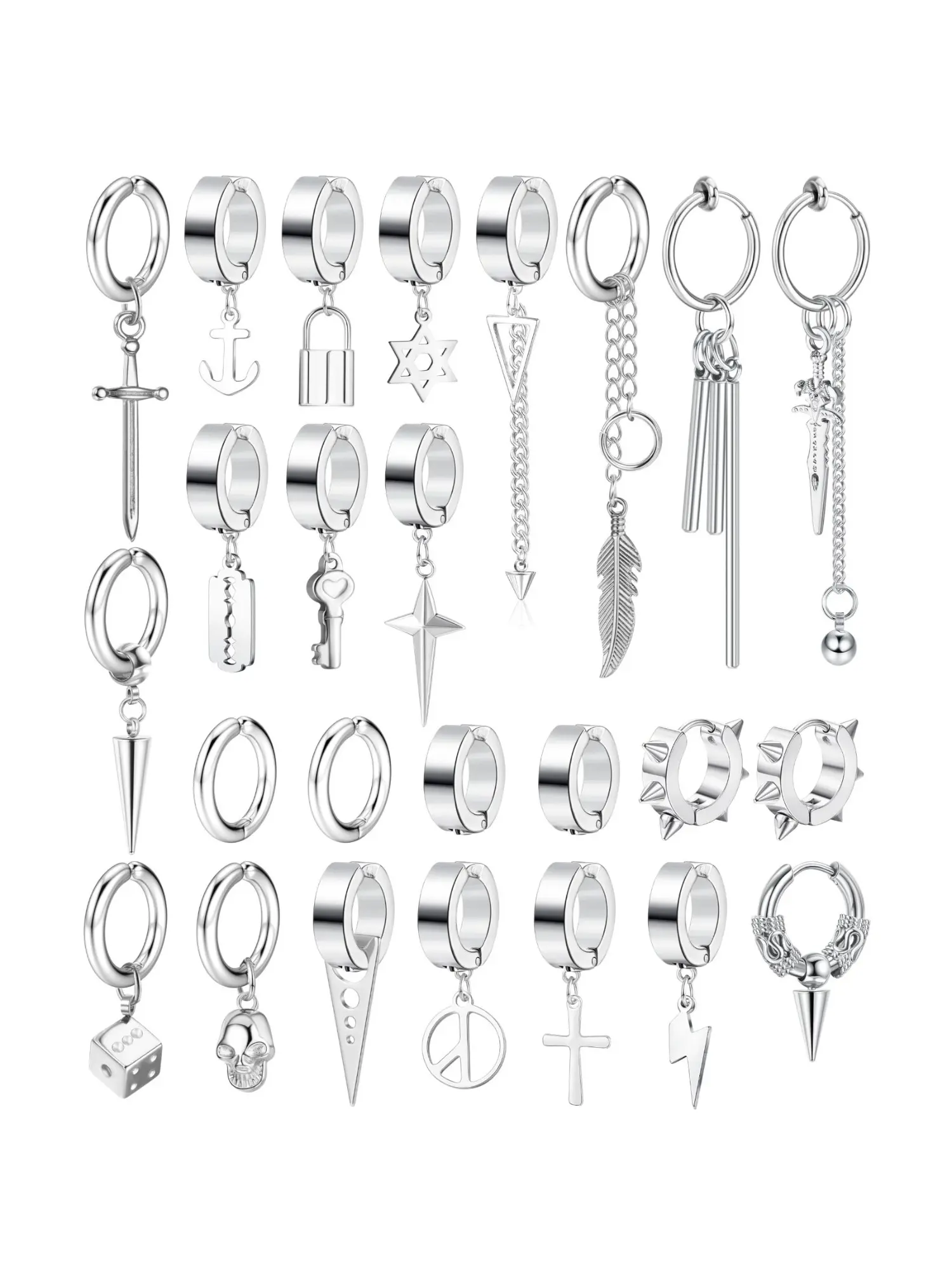 25 Pcs Black / Silvery Unisex Punk Gothic Cross Chain Drop Huggie Hoop Assorted Clip-On Earring Bundle Long-lasting Stainless Steel Dual Classic Finishes Bold Eye-catching Dark Goth Visual Vibe Long Cross Tassel Chain Dangle Design