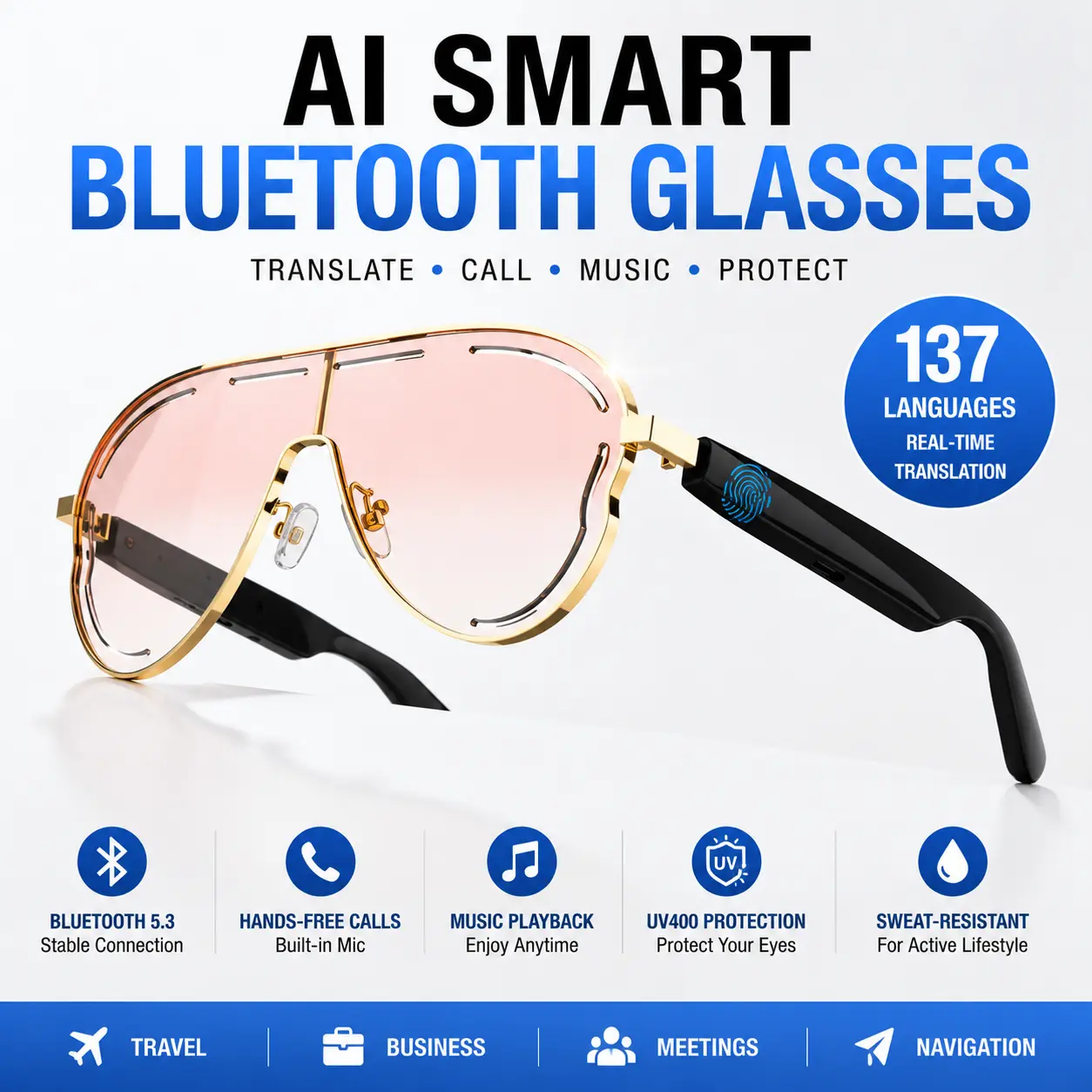 AI Smart Bluetooth Glasses, 137 Languages Real-Time Translation Eyewear, Wireless Music & Hands-Free Calling Sunglasses, Voice Assistant Smart Glasses, UV Protection, Sweatproof Wearable Tech for Travel, Business, Meetings & Outdoor Use # SummerVibes