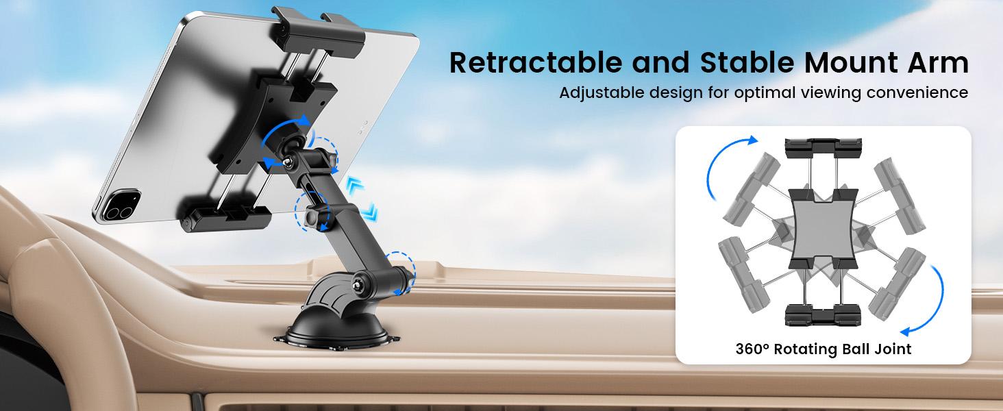 OHLPRO tablet stand is suitable for dashboards and windshields, the upgraded version features an adjustable clamp with a telescopic arm, compatible with 5- 13inch iPad Pro/Air/Mini, Galaxy Tab, Kindle Fire, Surface