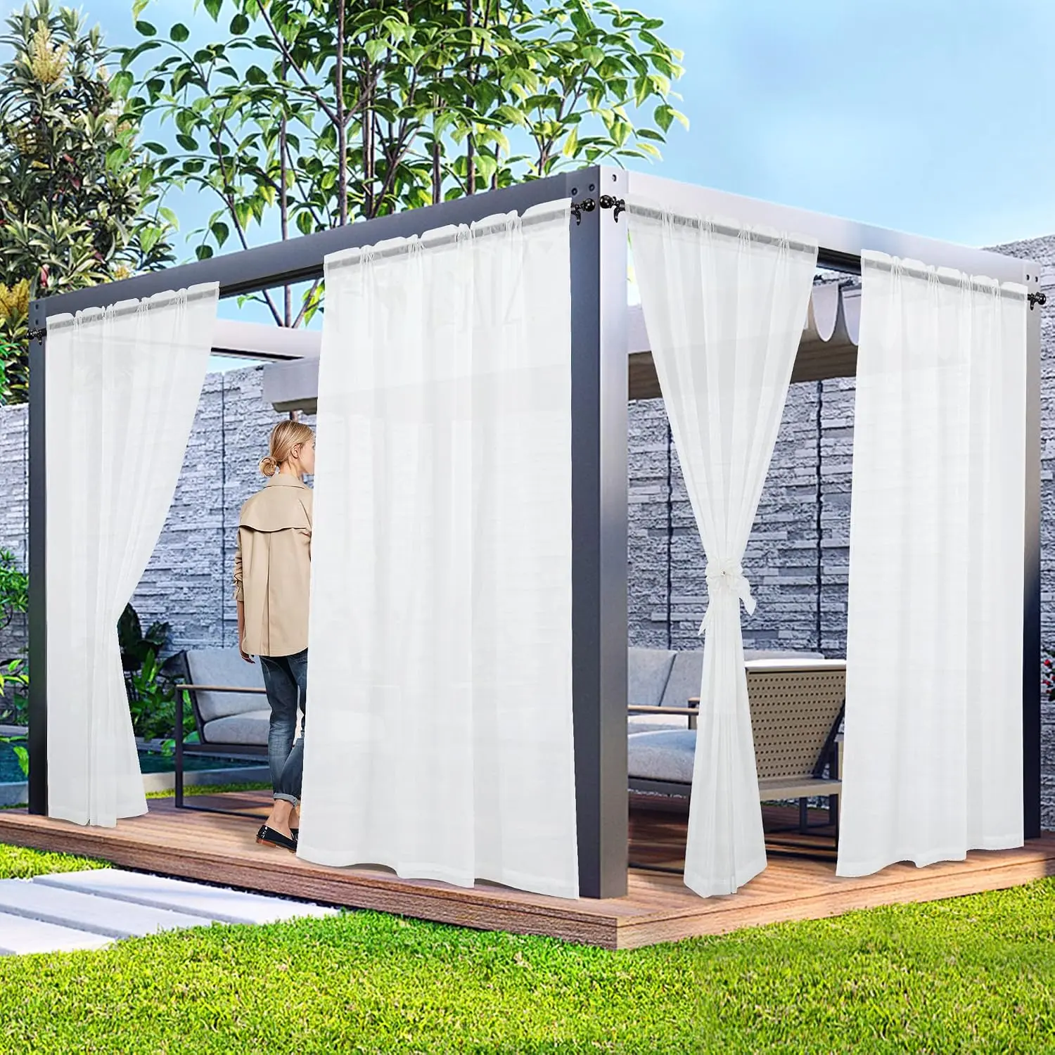 2 Panels Outdoor Sheer Curtains for Patio, White Privacy Curtains for Patio Waterproof, Indoor Outdoor Drapes for Gazebo Pergola Balcony Pool Spa, 52 x 84 inch