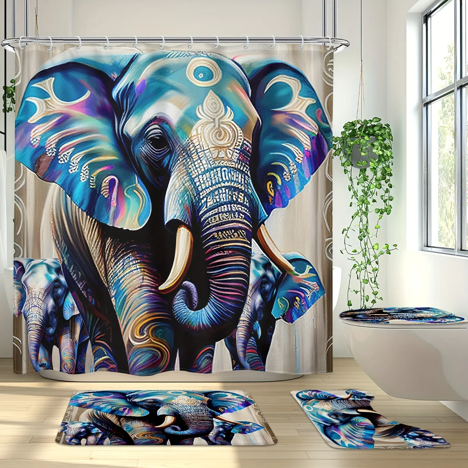 Flannel Water-Proof 4pcs Elephant Art Print Shower Curtain Set - Bold Graphic Print, 2D Flat Design, Includes 12 Plastic Hooks, Anti-Slip U-Shaped Bathroom Cover, Bohemian Home Decor for Bathrooms