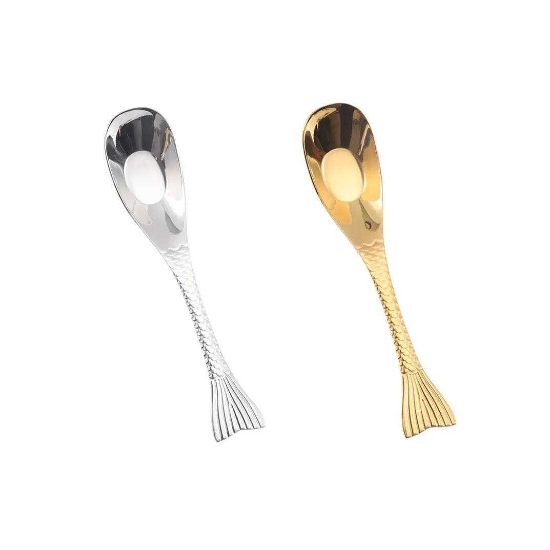 2pcs  Creative 304 Stainless Steel Spoon Set, Fish Tail Yuan Bao Dessert Spoon, Home Use Small Soup Spoon, Teaspoon, Ladle