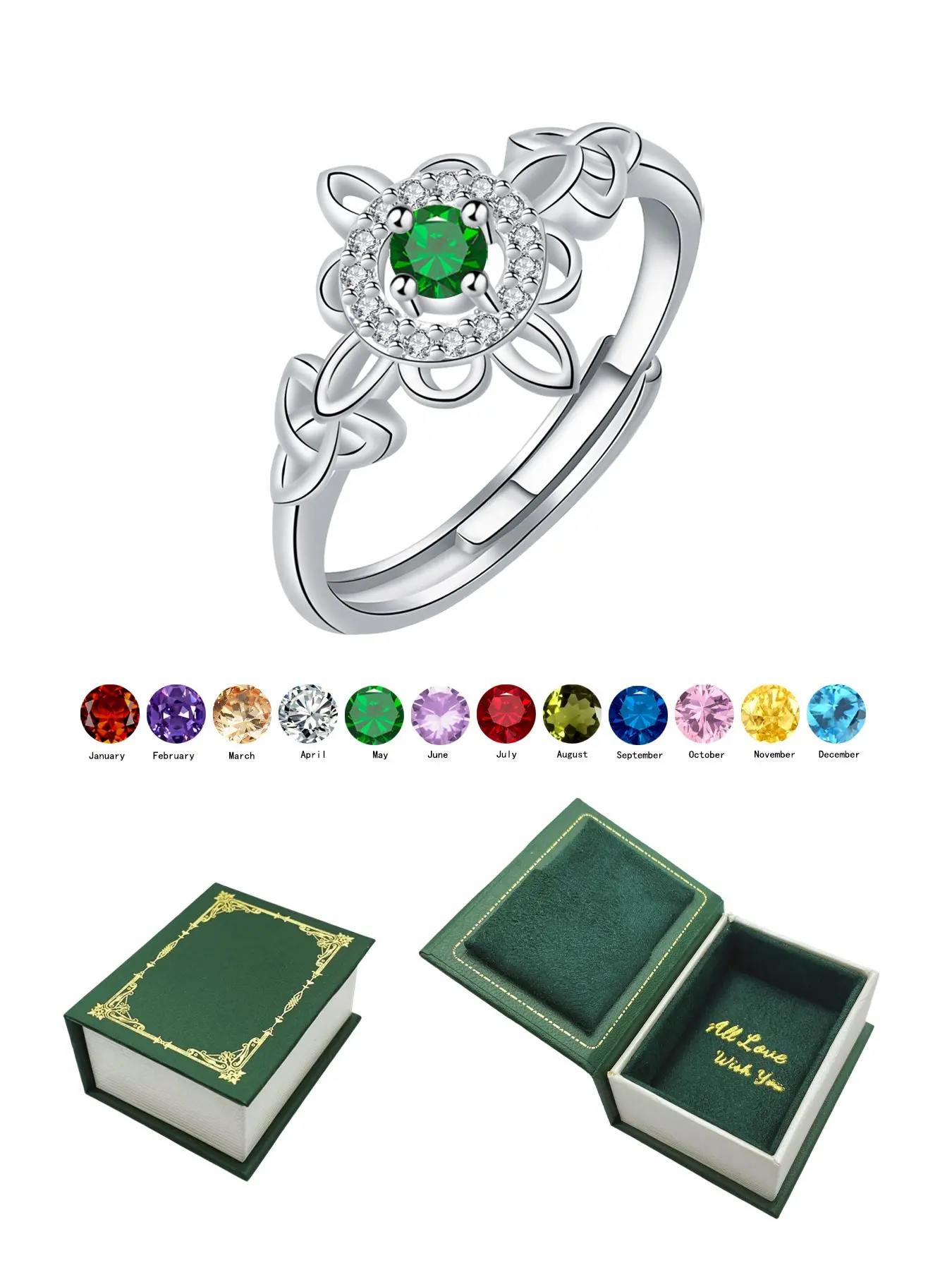 Keltic Witch Knot Birthstone Ring, Elegant Jewelry Rings Gift for Wife, Mom, Friend, Anniversary, Birthday, Mother's Day, Christmas