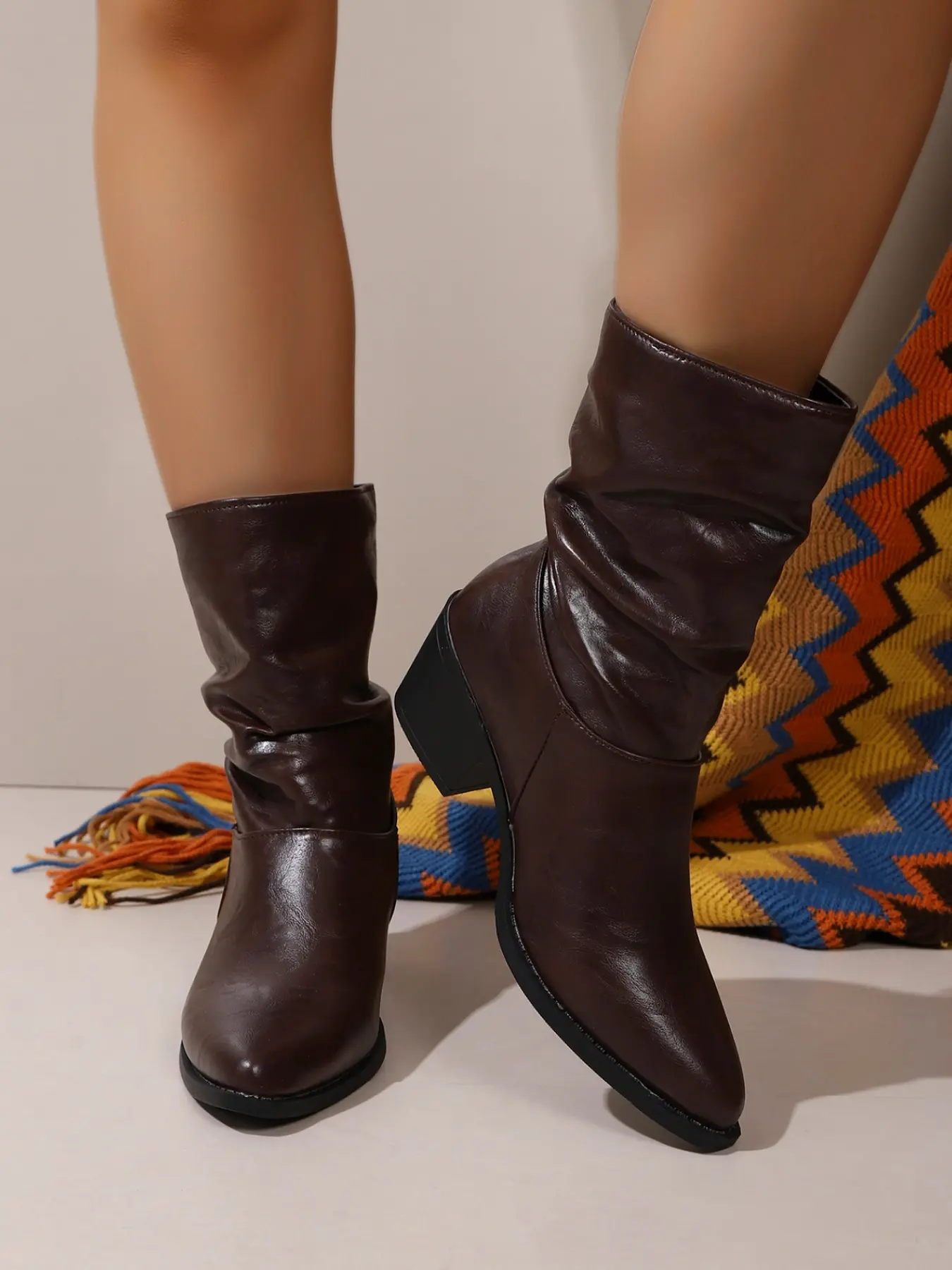American Vintage Pleated Soft Leather Pointed Toe Short Boots, Chunky Heel Comfortable Height Boost, Western Style Fall Winter Versatile Boots