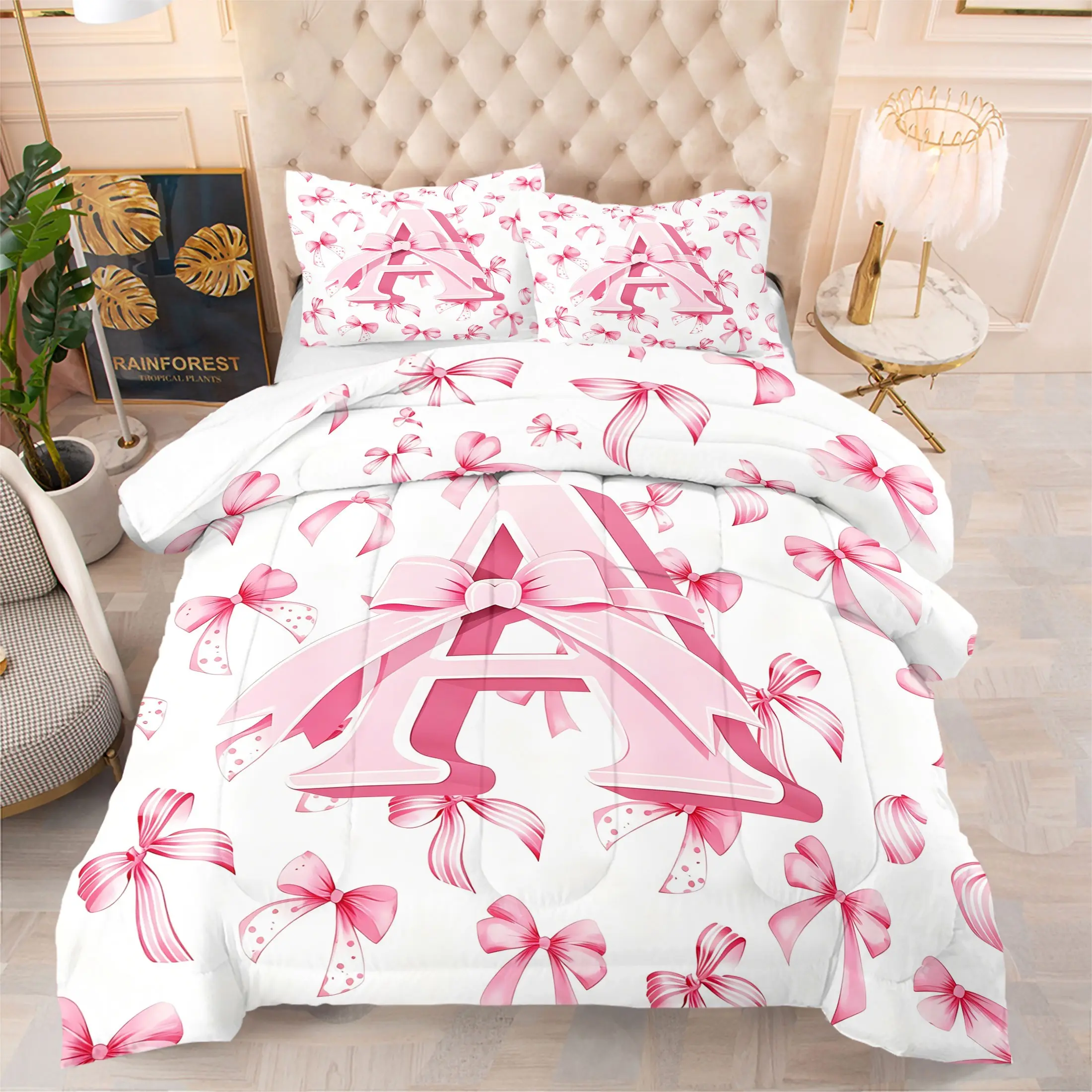 Coquette Pink Bow Initial Letter A Print Comforter Set Cute Bedding, Includes 1 Comforter and 1-2 Pillowcases, Romantic Girly Monogram Bow Pattern Print, Gift for Kids, Teens and Adults Bedroom Decor, Gift for Initial Bow Enthusiasts