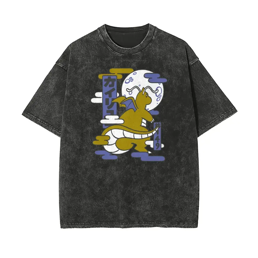 Men's Soft Stretch Casual T-Shirt, Retro Oversized Loose Fit Ukiyo-e Dragonite Pocket Monsters Graphic Washed Vintage Distressed Unisex Anime Streetwear Top
